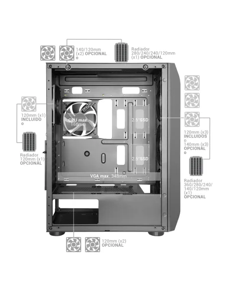 Mars Gaming MC-PRO2, Torre Profesional E-ATX, Sistema CPU Freezer, 5 Ventiladores Ultra-silenciosos y Frontal Metal-Mesh, Color