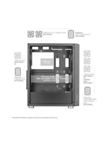 Mars Gaming MC-3000 Negro, Semitorre Gaming ATX, Ventana Completa Cristal Templado, Frontal Metal-Mesh, 4x Ventiladores 120mm