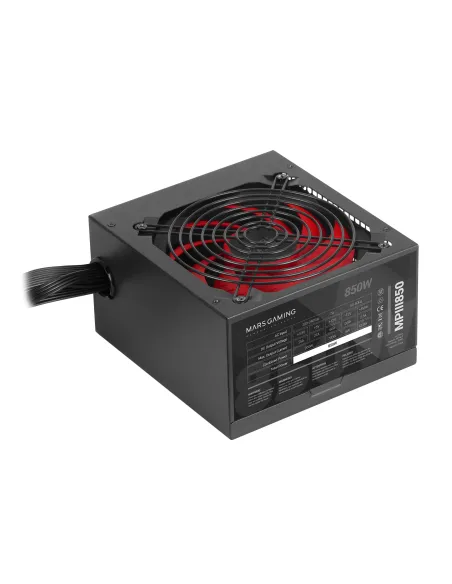Mars Gaming MPIII850, Fuente Alimentación PC ATX 850W, 5 Años de Garantía, 85% Eficiencia, Sistema Digital APFC, Ventilador FDB