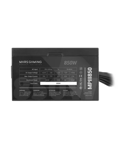Mars Gaming MPIII850, Fuente Alimentación PC ATX 850W, 5 Años de Garantía, 85% Eficiencia, Sistema Digital APFC, Ventilador FDB