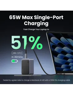 Ugreen Nexode Air 65W sieninis kroviklis, USB + 2x USB-C pilkos spalvos Ordenador portátil, Teléfono móvil, Ratón, Portátil, 2