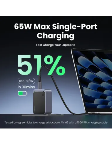 Ugreen Nexode Air 65W sieninis kroviklis, USB + 2x USB-C pilkos spalvos Ordenador portátil, Teléfono móvil, Ratón, Portátil,