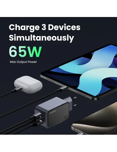 Ugreen Nexode Air 65W sieninis kroviklis, USB + 2x USB-C pilkos spalvos Ordenador portátil, Teléfono móvil, Ratón, Portátil,