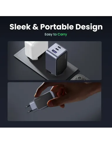 Ugreen Nexode Air 65W sieninis kroviklis, USB + 2x USB-C pilkos spalvos Ordenador portátil, Teléfono móvil, Ratón, Portátil,