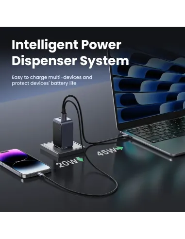 Ugreen Nexode Air 65W sieninis kroviklis, USB + 2x USB-C pilkos spalvos Ordenador portátil, Teléfono móvil, Ratón, Portátil,