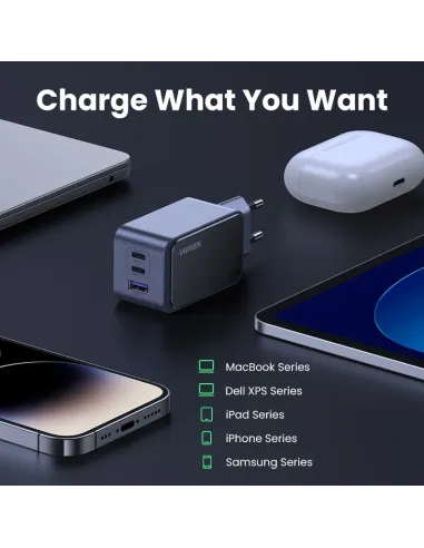 Ugreen Nexode Air 65W sieninis kroviklis, USB + 2x USB-C pilkos spalvos Ordenador portátil, Teléfono móvil, Ratón, Portátil,