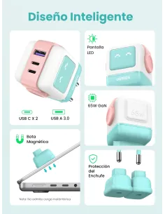 Ugreen Uno RG 65W 3-Port GaN Fast Charger pink blue Ordenador portátil, Teléfono móvil, Portátil, Tableta, Teléfono Azul 2