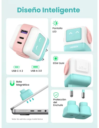 Ugreen Uno RG 65W 3-Port GaN Fast Charger pink blue Ordenador portátil, Teléfono móvil, Portátil, Tableta, Teléfono Azul