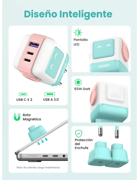 Ugreen Uno RG 65W 3-Port GaN Fast Charger pink blue Ordenador portátil, Teléfono móvil, Portátil, Tableta, Teléfono Azul
