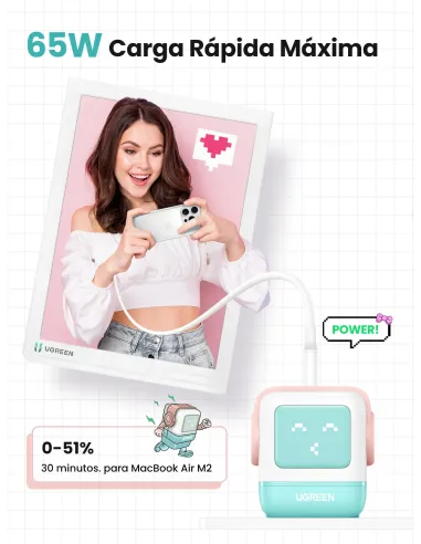 Ugreen Uno RG 65W 3-Port GaN Fast Charger pink blue Ordenador portátil, Teléfono móvil, Portátil, Tableta, Teléfono Azul