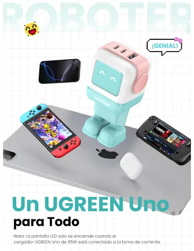 Ugreen Uno RG 65W 3-Port GaN Fast Charger pink blue Ordenador portátil, Teléfono móvil, Portátil, Tableta, Teléfono Azul