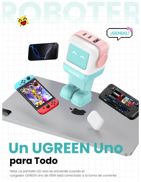 Ugreen Uno RG 65W 3-Port GaN Fast Charger pink blue Ordenador portátil, Teléfono móvil, Portátil, Tableta, Teléfono Azul