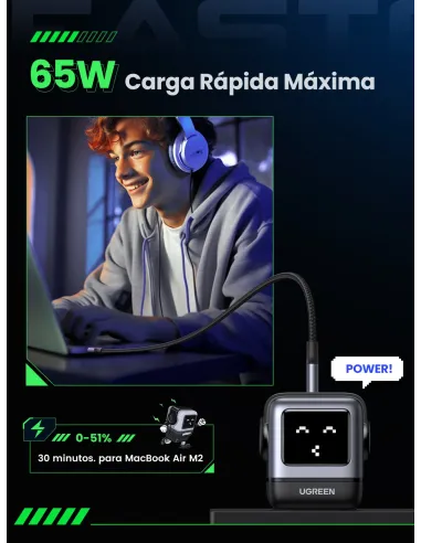 Ugreen Nexode RG 65W 3-Port GaN Ordenador portátil, Teléfono móvil, Portátil, Batería portátil, Teléfono Gris Corriente alterna