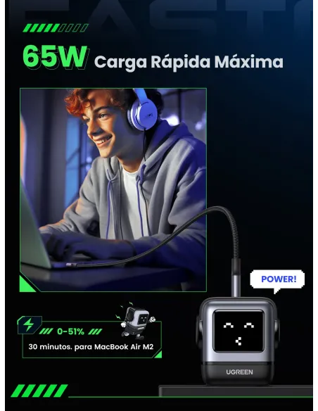Ugreen Nexode RG 65W 3-Port GaN Ordenador portátil, Teléfono móvil, Portátil, Batería portátil, Teléfono Gris Corriente alterna