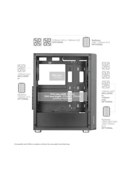 Mars Gaming MC-3000 Negro, Semitorre Gaming ATX, Ventana Completa Cristal Templado, Frontal Metal-Mesh, 4x Ventiladores 120mm