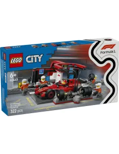 Lego city formula 1 parada en boxes y equipo de mecánicos con coche ferrari