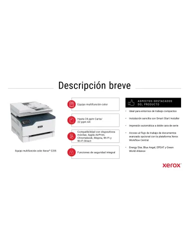 Xerox C235 A4 22 ppm Inalámbrica Copia impresión escaneado fax PS3 PCL5e 6 ADF 2 bandejas Total 251 hojas