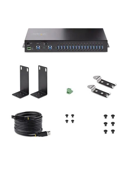StarTech.com Hub Ladrón USB 3.0 5Gb de 16 Puertos Industrial - Metal - Montaje en Rack Superficie DIN - Carga Compartida USB