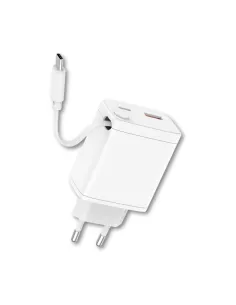 Cargador qcharx juno 3a 20w 2 puertos usb + tipo c + cable tipo c blanco incorporado