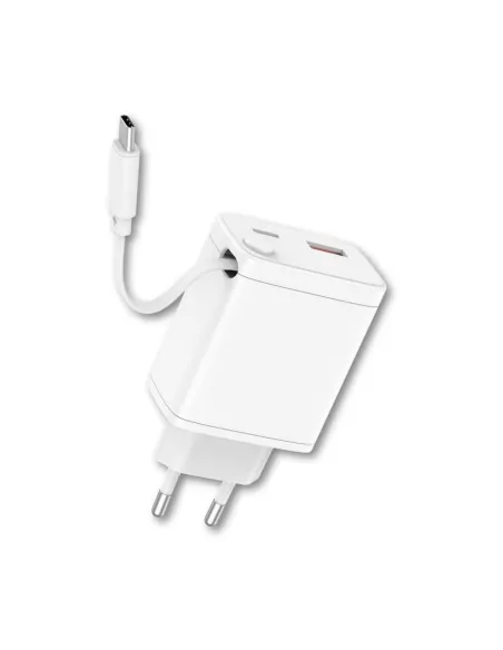 Cargador qcharx juno 3a 20w 2 puertos usb + tipo c + cable tipo c blanco incorporado