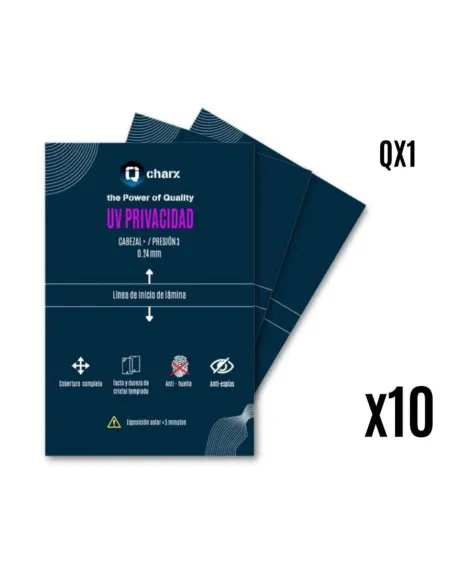 Laminas de fijacion qcharx ultravioleta hd privacidad pack 10 para qx1