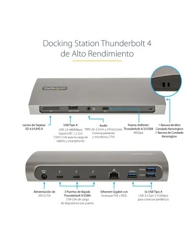 StarTech.com Docking Station Thunderbolt 4, PD de 96W, para 1 Monitor de 8K para 2 Monitores de 4K 60Hz, 3xTB4 USB4,
