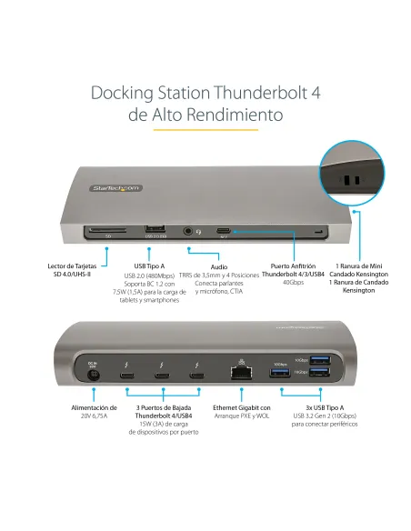 StarTech.com Docking Station Thunderbolt 4, PD de 96W, para 1 Monitor de 8K para 2 Monitores de 4K 60Hz, 3xTB4 USB4,