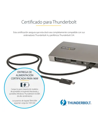StarTech.com Docking Station Thunderbolt 4, PD de 96W, para 1 Monitor de 8K para 2 Monitores de 4K 60Hz, 3xTB4 USB4,