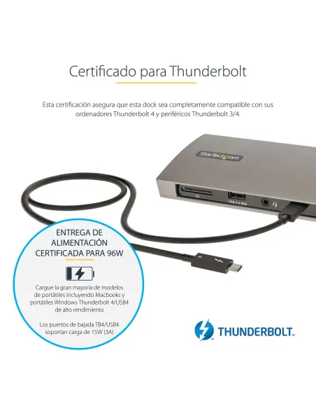 StarTech.com Docking Station Thunderbolt 4, PD de 96W, para 1 Monitor de 8K para 2 Monitores de 4K 60Hz, 3xTB4 USB4,