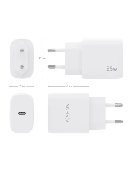 AISENS Cargador USB-C PD3.0 1 Puerto 1xUSB-C 25W, Blanco