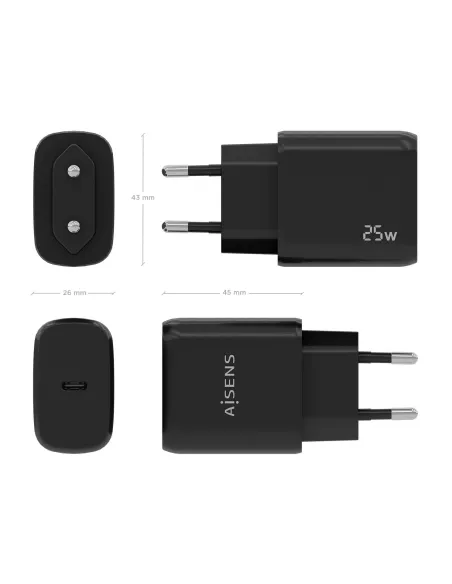 AISENS Cargador USB-C PD3.0 1 Puerto 1xUSB-C 25W, Negro