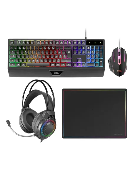 Mars Gaming MCP124PRO, Combo Gaming 4en1, Teclado RGB H-Mech con Reposamuñecas, Ratón RGB 3200DPI y Switches HUANO, Auriculares