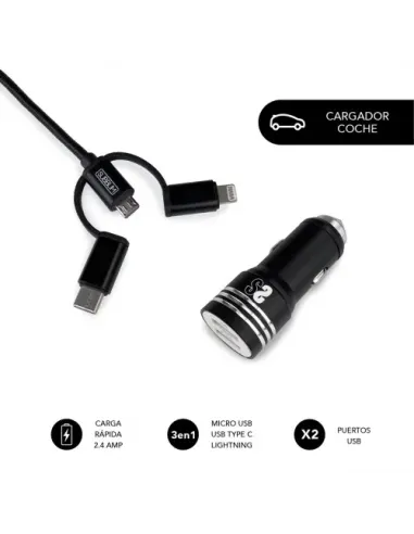 SUBBLIM Cargador Coche 2xUSB Dual Car Charger Alum 2.4A + Cable 3 in 1 Black