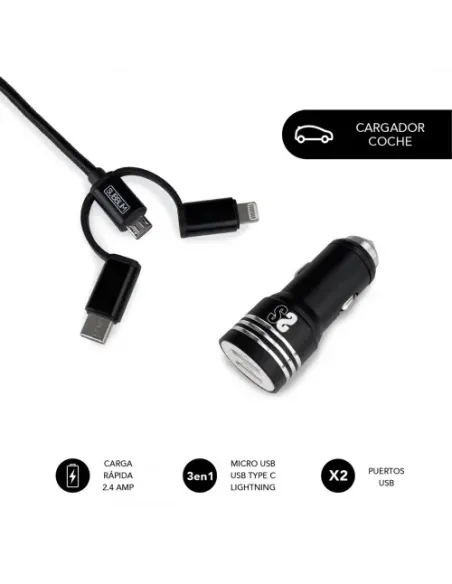 SUBBLIM Cargador Coche 2xUSB Dual Car Charger Alum 2.4A + Cable 3 in 1 Black
