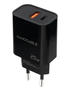 Nanocable Cargador USB-C PD + USB-A QC 20W, Negro