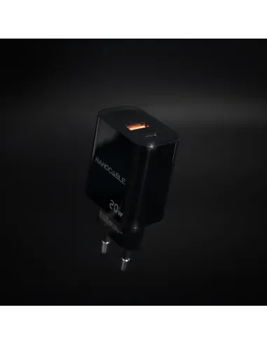 Nanocable Cargador USB-C PD + USB-A QC 20W, Negro