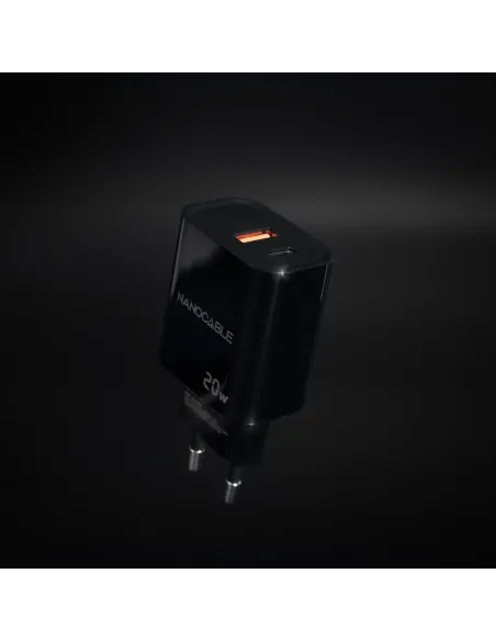 Nanocable Cargador USB-C PD + USB-A QC 20W, Negro