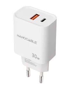 Nanocable Cargador USB-C PD + USB-A QC 30W, Blanco