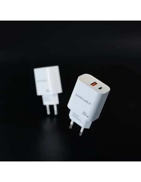 Nanocable Cargador USB-C PD + USB-A QC 30W, Blanco