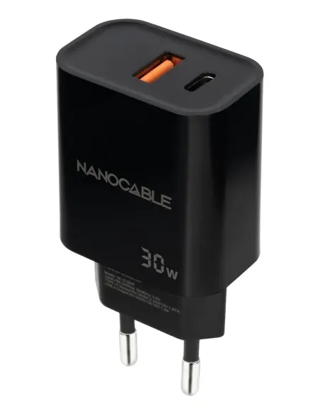 Nanocable Cargador USB-C PD + USB-A QC 30W, Negro