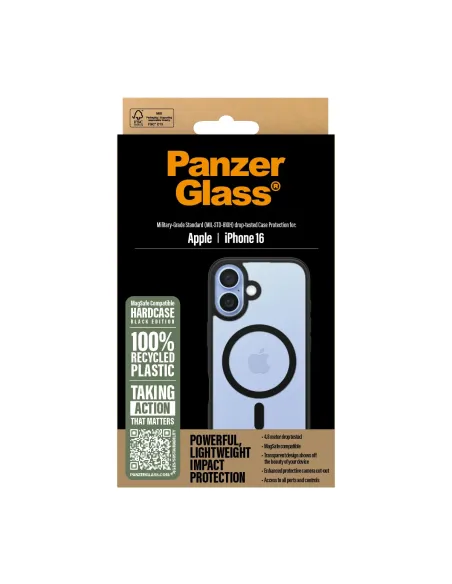PanzerGlass ® HardCase Transparent w. Black MagSafe & Frame iPhone 16 funda para teléfono móvil Transparente