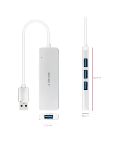 Nanocable Hub USB-A 3.0. a 4xUSB3.0, USB-A M-USB 3.0 H, Aluminio, Color Plata, 18 cm