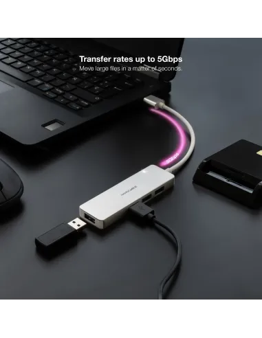 Nanocable Hub USB-A 3.0. a 4xUSB3.0, USB-A M-USB 3.0 H, Aluminio, Color Plata, 18 cm