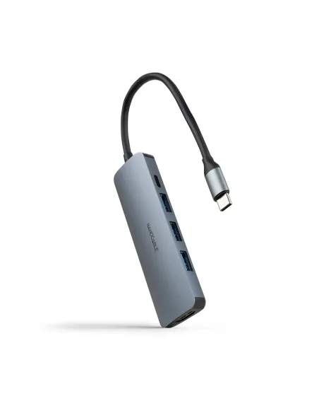 Nanocable Hub USB-C 5 en 1, Conversor USB-C 3.1 a 3xUSB-A 3.0 + USB-C PD + HDMI, Aluminio, Gris, 18 cm