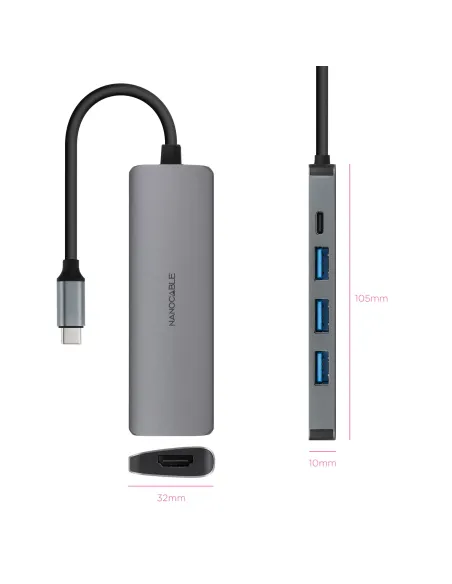 Nanocable Hub USB-C 5 en 1, Conversor USB-C 3.1 a 3xUSB-A 3.0 + USB-C PD + HDMI, Aluminio, Gris, 18 cm