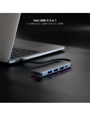 Nanocable Hub USB-C 5 en 1, Conversor USB-C 3.1 a 3xUSB-A 3.0 + USB-C PD + HDMI, Aluminio, Gris, 18 cm