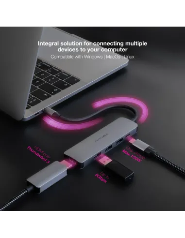 Nanocable Hub USB-C 5 en 1, Conversor USB-C 3.1 a 3xUSB-A 3.0 + USB-C PD + HDMI, Aluminio, Gris, 18 cm