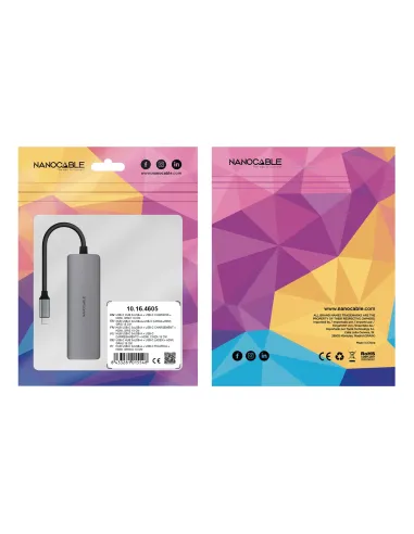 Nanocable Hub USB-C 5 en 1, Conversor USB-C 3.1 a 3xUSB-A 3.0 + USB-C PD + HDMI, Aluminio, Gris, 18 cm