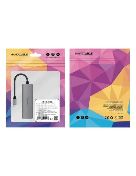 Nanocable Hub USB-C 5 en 1, Conversor USB-C 3.1 a 3xUSB-A 3.0 + USB-C PD + HDMI, Aluminio, Gris, 18 cm