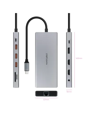 Nanocable Hub USB-C 12 en 1, Conversor USB-C 3.1 a 3xUSB-A 3.2 + USB-C 3.2 + USB-C PD + 2xHDMI 4K@60Hz + DP 4K@60Hz + RJ45